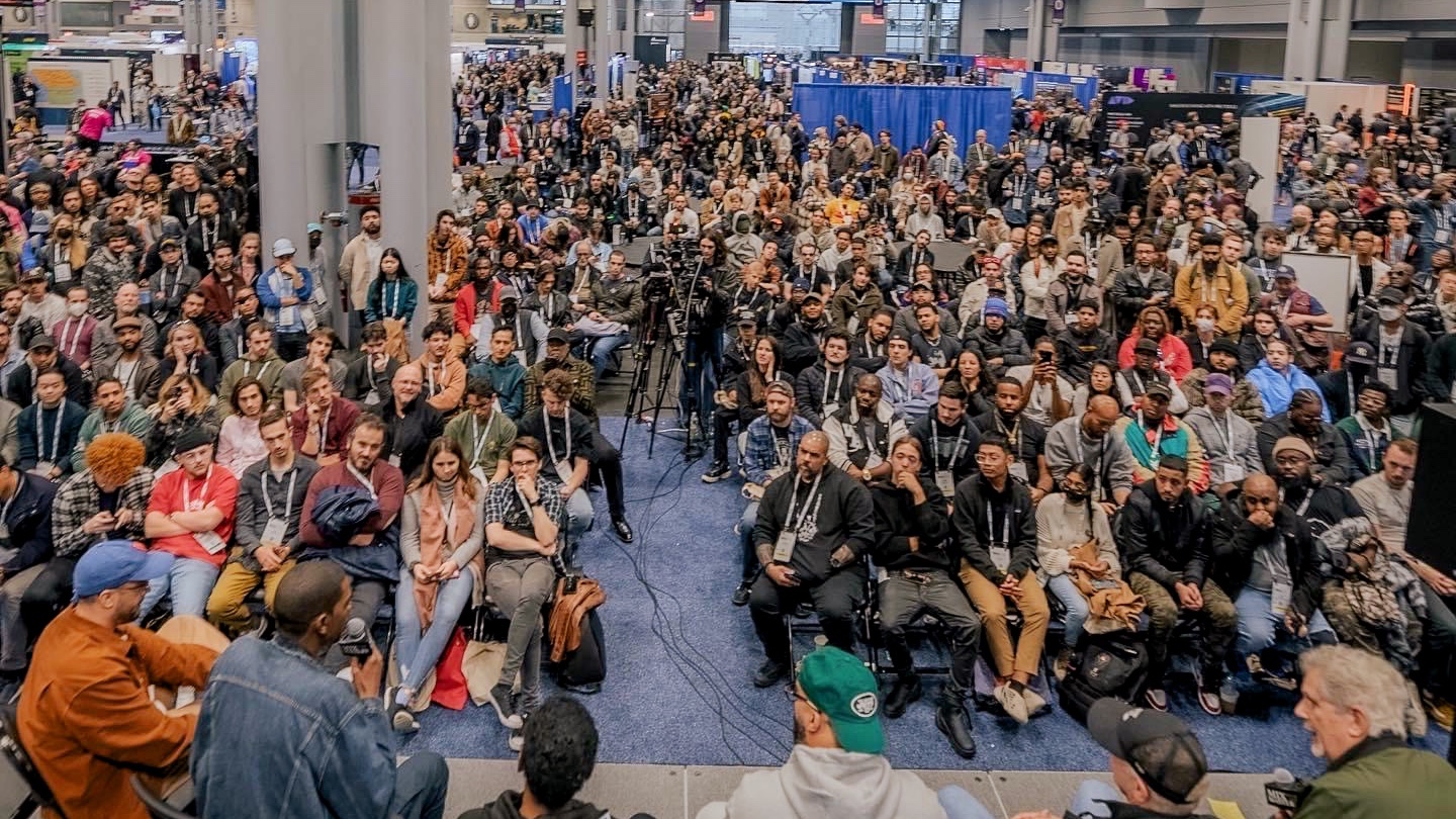 Enthusiastic attendees at AES New York 2022 overflowed into the aisles during a host of Exhibition stage sessions, like this Mix with the Masters event. (Photo courtesy of Mix with the Masters)